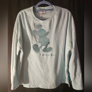 Disney Parks women's 1X sweatshirt Mickey Mouse blue pullover sequin aqua